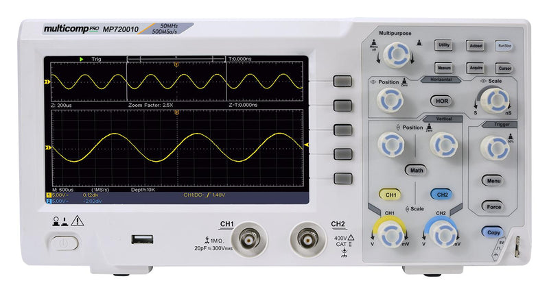 Multicomp PRO MP720010 EU-UK Digital Oscilloscope Economical Eco Series 2 Analogue 50 MHz 500 Msps 10 Kpts 7 ns