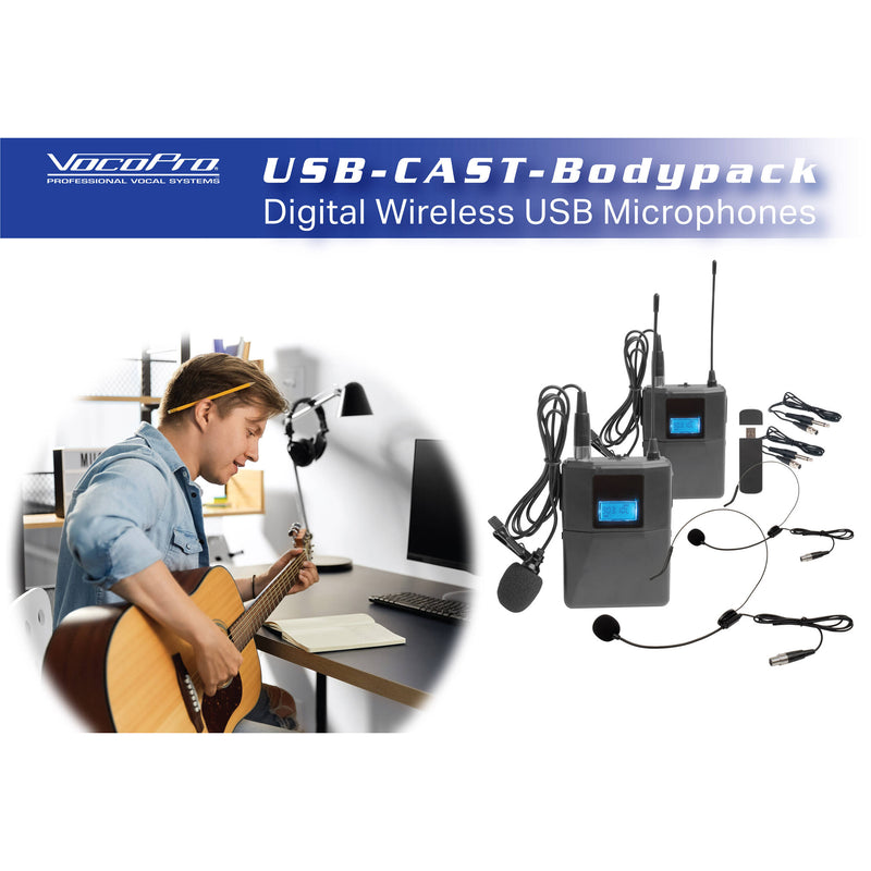 VocoPro USB-CAST-BODYPACK 2-Person USB Digital Wireless Bodypack System with Headset/Lavalier Mics and Instrument Cable (900 MHz)