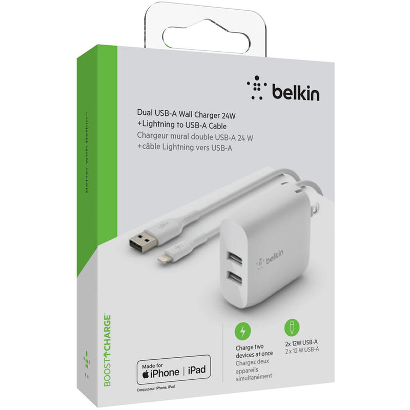 Belkin Boost Charge 24W Dual USB Type-A Wall Charger with Lightning Cable