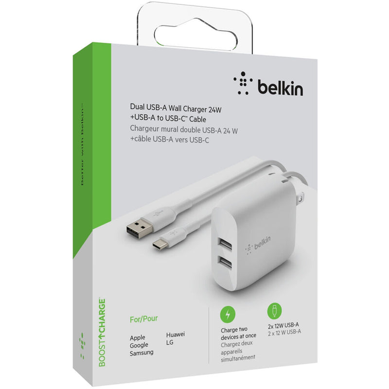 Belkin Boost Charge 24W Dual USB Type-A Wall Charger with USB Type-C Cable