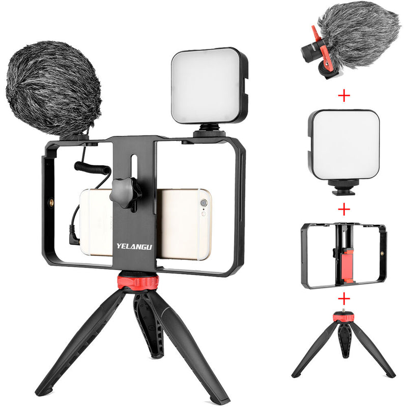 YELANGU Smartphone Video Rig Cage with Microphone, Light & Mini Tripod