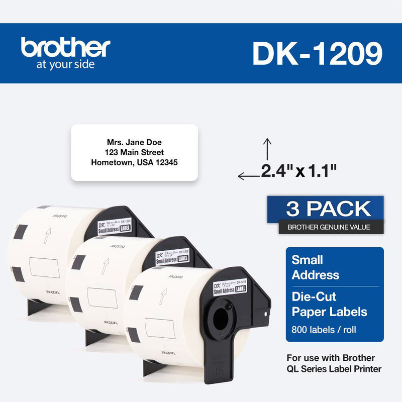 Brother DK1209 Small Address Die-Cut Paper Labels (White, 800 Labels, 1.1 x 2.4", 3-Pack)