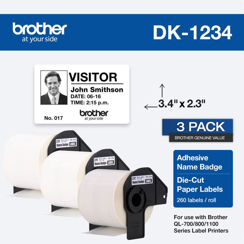 Brother DK1234 Die-Cut Name Badge Paper Labels (White, 260 Labels, 2.3 x 3.4", 3-Pack)