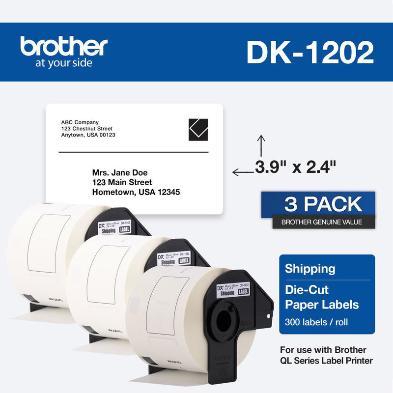 Brother DK1202 Die-Cut Shipping Paper Labels (White, 300 Labels, 2.4 x 3.9", 3-Pack)