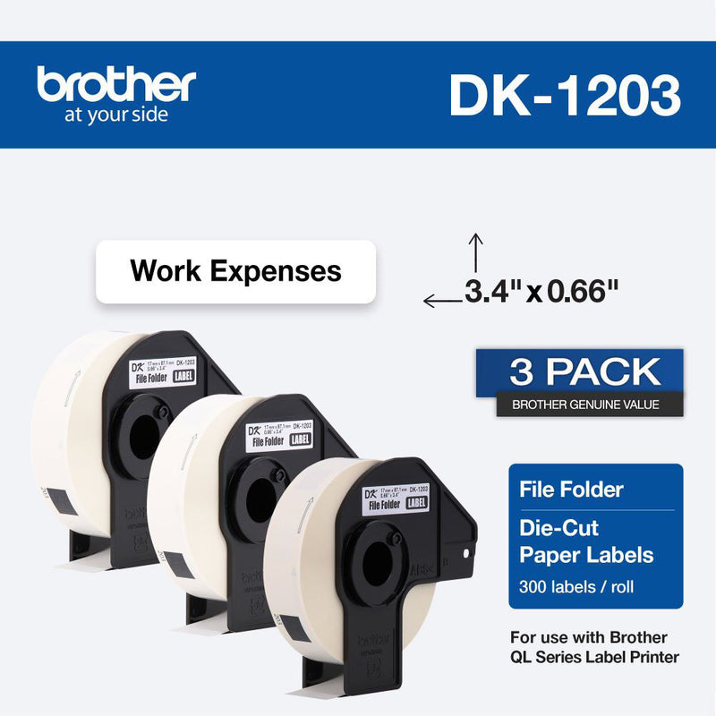 Brother DK1203 Die-Cut Shipping Paper Labels (White, 300 Labels, 0.66 x 3.4", 3-Pack)