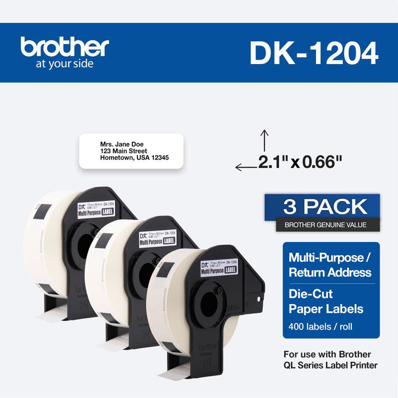 Brother DK1204 Multipurpose Die-Cut Paper Labels (White, 400 Labels, 0.66 x 2.1", 3-Pack)