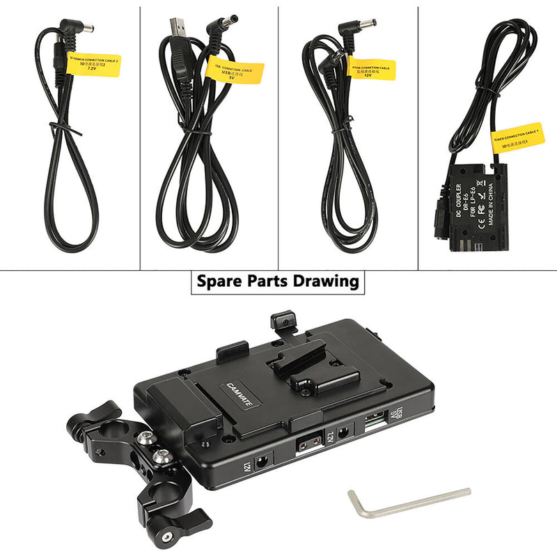 CAMVATE Quick Release V-Mount Battery Plate with Power Outputs & 15mm Rod Clamp