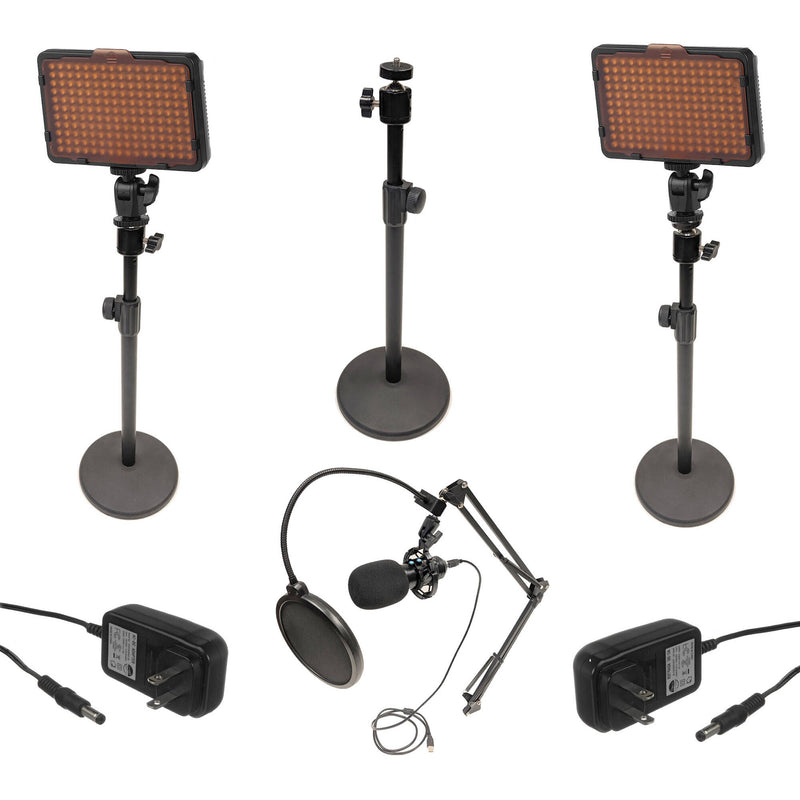 Bescor WAFFLE Daylight On-Camera 2-Light Kit with Stands and Microphone