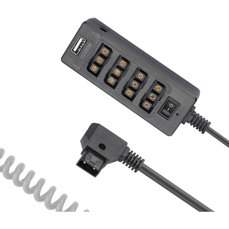 CAMVATE Male to Quad Female D-Tap Hub with Coiled Cable & USB/DC Outputs (11.8 to 29.5")