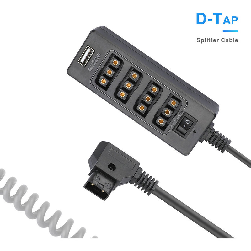 CAMVATE Male to Quad Female D-Tap Hub with Coiled Cable & USB Outputs (13.8 to 39.4")