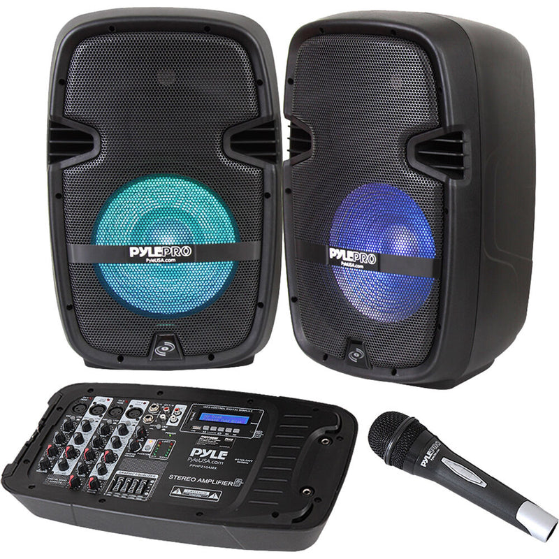 Pyle Pro PPHP210AMX PA Speaker and 600W Amplifier/Mixer DJ Kit with Two 2-Way 10" Speakers, Cables, Mic & Stands