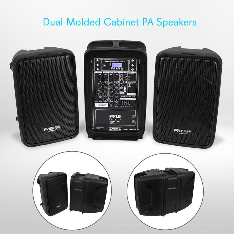 Pyle Pro PPHP28AMX PA Speaker and 300W Amplifier/Mixer DJ Kit with Two 2-Way 8" Speakers, Cables, Mic & Stands