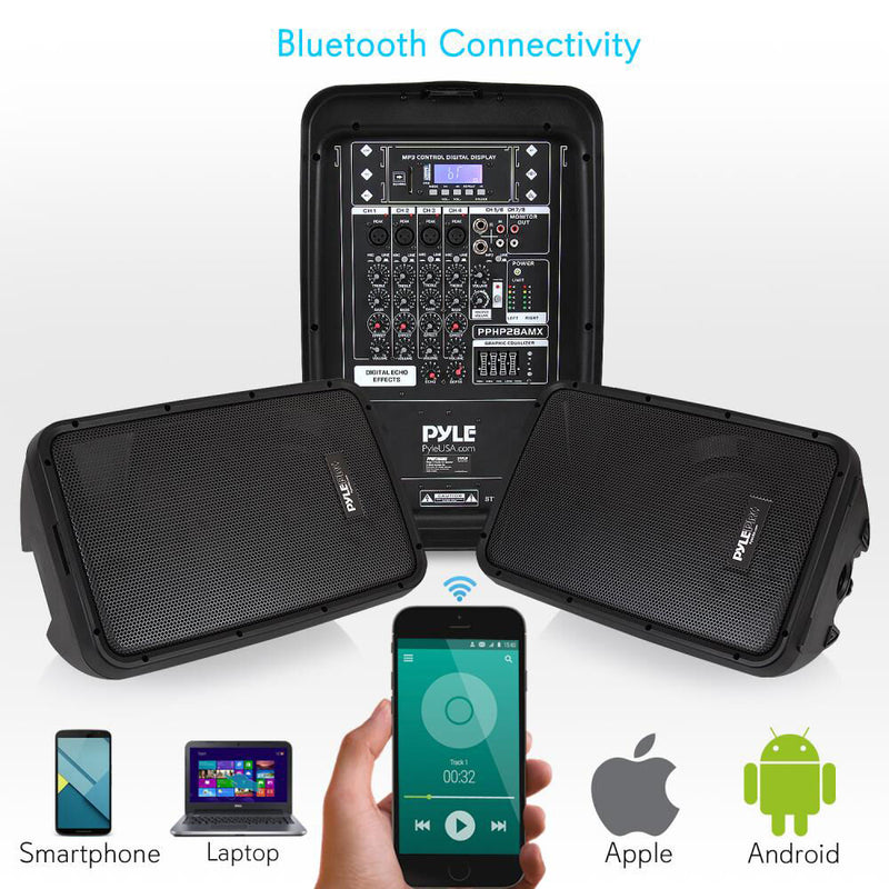 Pyle Pro PPHP28AMX PA Speaker and 300W Amplifier/Mixer DJ Kit with Two 2-Way 8" Speakers, Cables, Mic & Stands