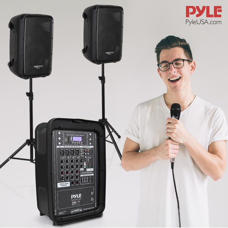 Pyle Pro PPHP28AMX PA Speaker and 300W Amplifier/Mixer DJ Kit with Two 2-Way 8" Speakers, Cables, Mic & Stands