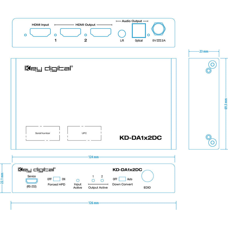 Key Digital 1x2 4K HDMI Distribution Amplifier with Audio De-Embedding/Down Conversion