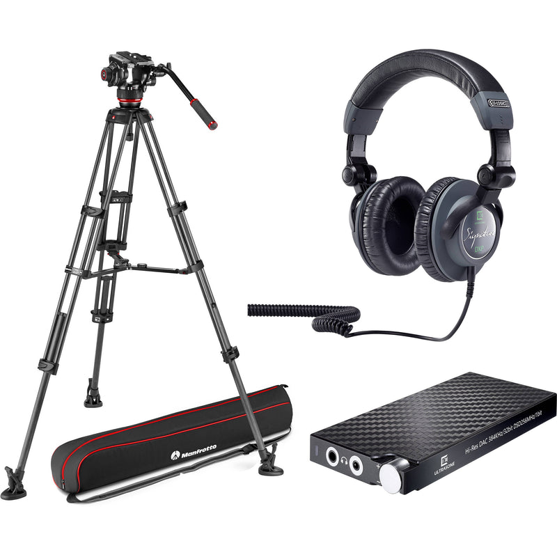 Manfrotto 504X Fluid Head & Carbon Fiber Tripod System with Mid-Level Spreader, Ultrasone Headphones & Amplifier