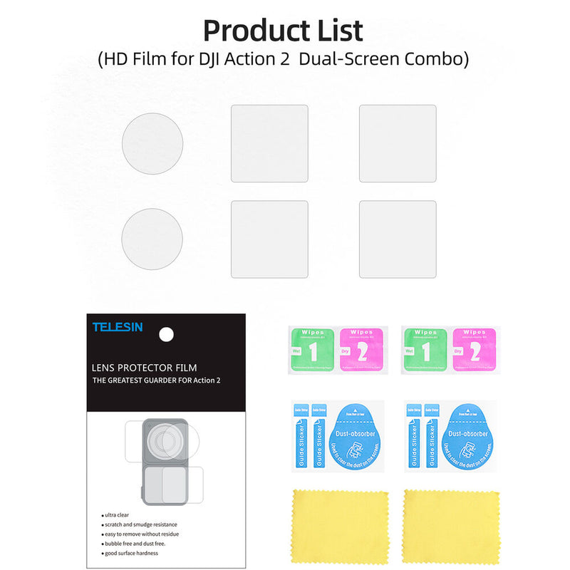 TELESIN Dual-Screen Combo Screen Film Protector Set for DJI Action 2 (2 x Lens Protectors, 4 x Screen Protectors)