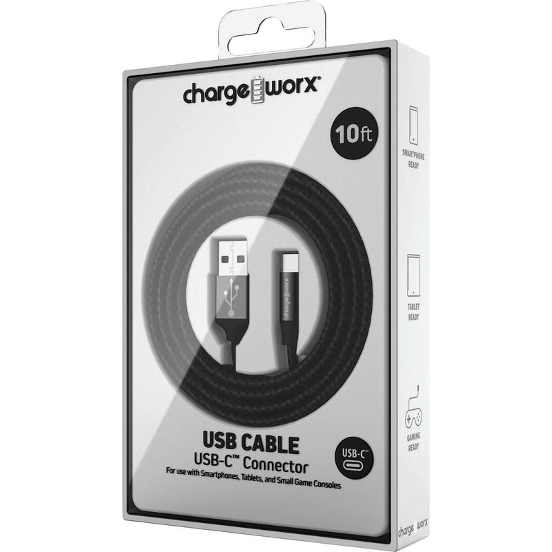 ChargeWorx USB Type-C to USB Type-A Male Cable (10', Black)