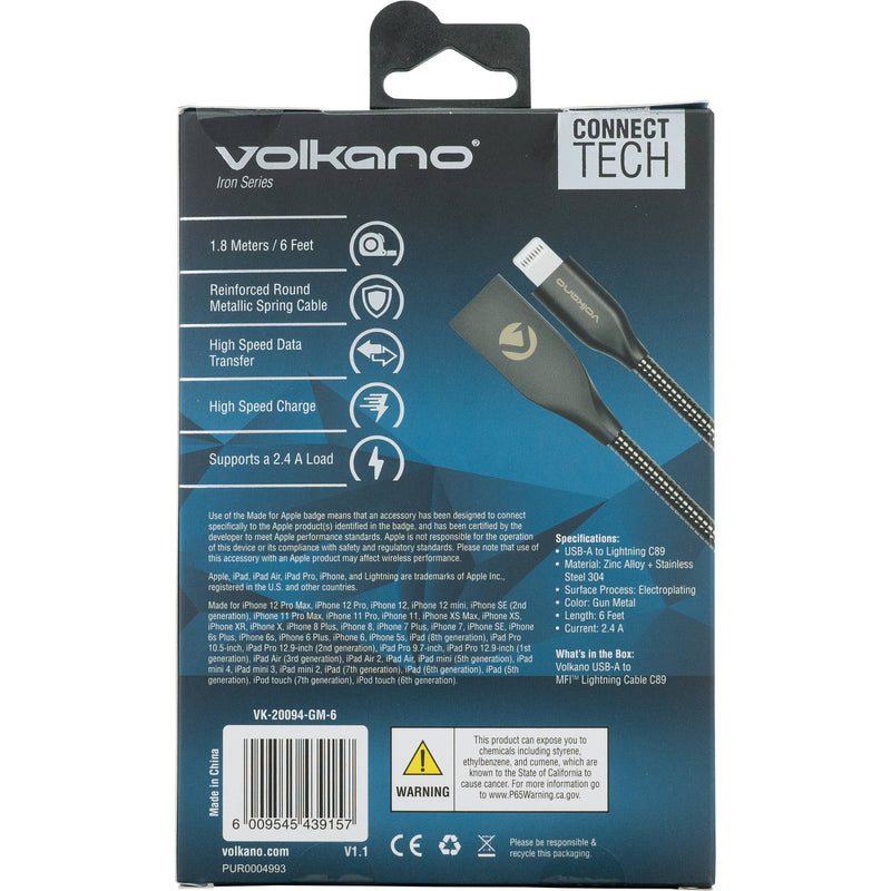 Volkano Iron Series Round Metallic Lightning Cable (6', Gun Metal)