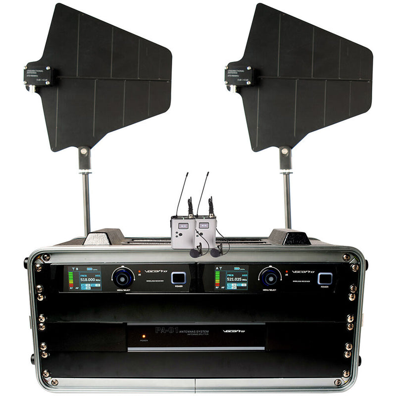 VocoPro BENCHMARK-DUAL-BP Dual-Channel Wireless Lavalier/Headset Microphone System with Active Antennas and Flight Case (900 MHz)