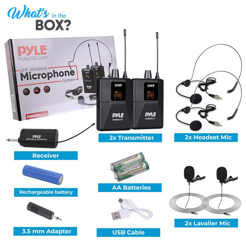 Pyle Pro PDWMU211 2-Person Wireless UHF Microphone System with 2 Lav Mics, 2 Headset Mics & Plug-In Receiver