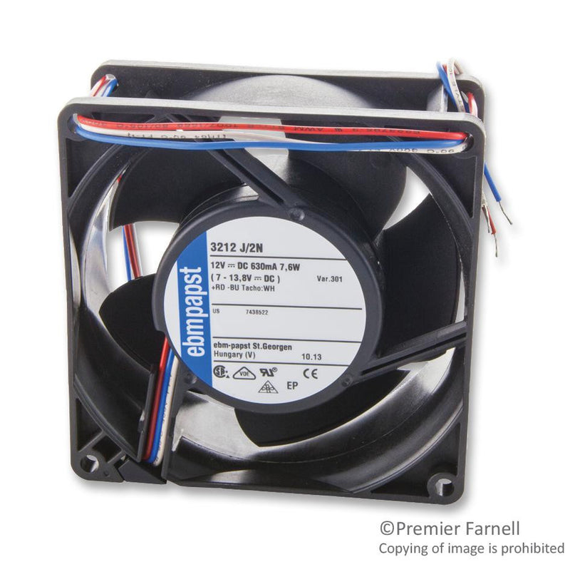 EBM-PAPST 3212J/2N-301 Axial Fan, Tubeaxial, Square, Wire Leaded, Sleeve, 12 VDC, 92 mm, 38 mm, 3200J Series