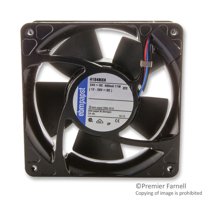 EBM-PAPST 4184NXH Axial Fan, Tubeaxial, Square, Terminal Connections, Ball, 11W, 24 VDC, 119 mm, 38 mm, 4100N Series