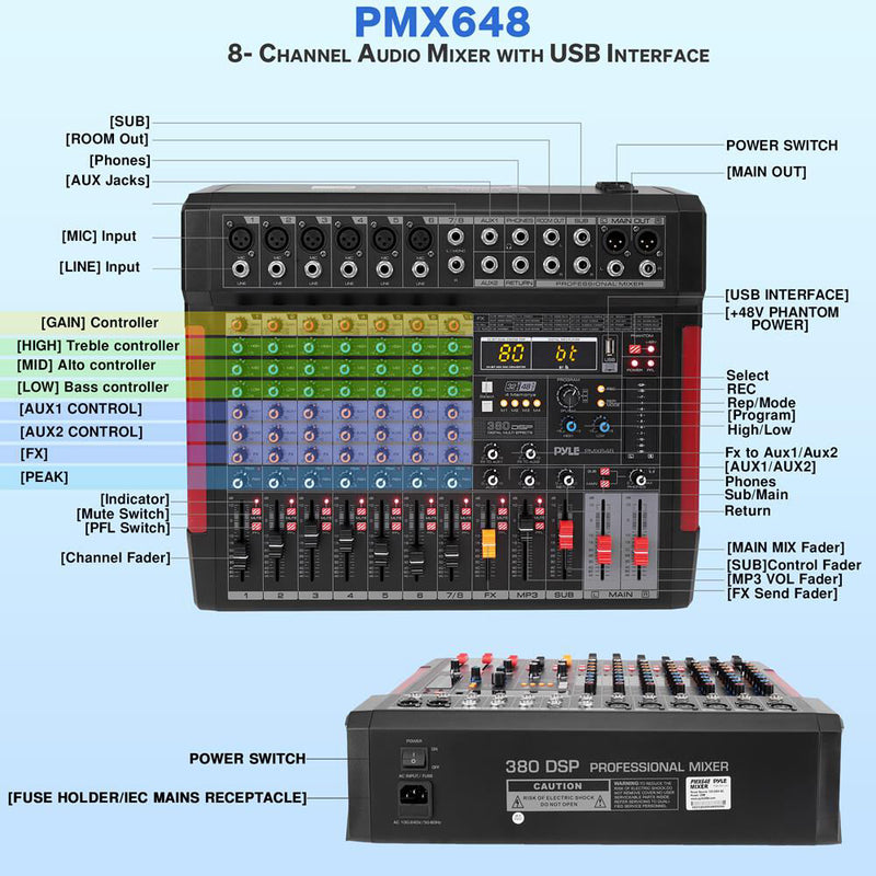 Pyle Pro PMX648 8-Channel Audio Mixer with Recording Interface