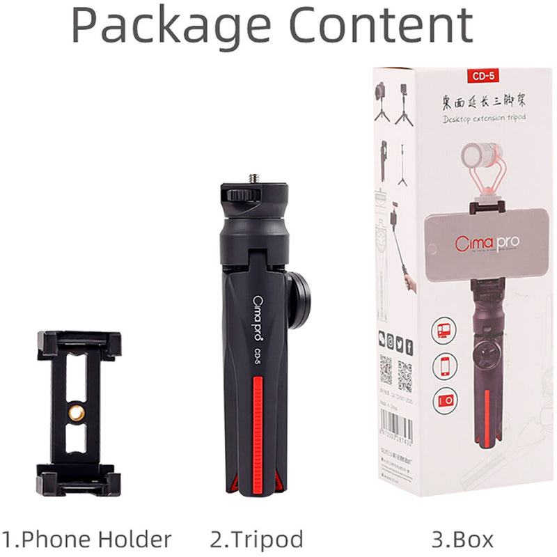 CimaPro CD-5 VLOG Mini Tripod with Selfie Stick, Smartphone Holder, and Bluetooth Remote