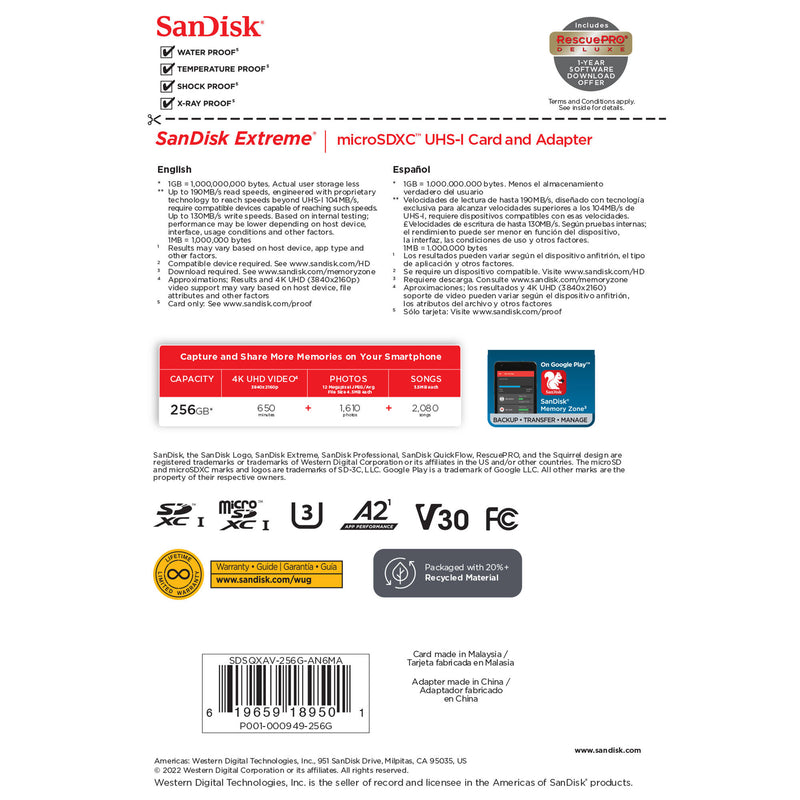 SanDisk 256GB Extreme UHS-I microSDXC Memory Card with SD Adapter