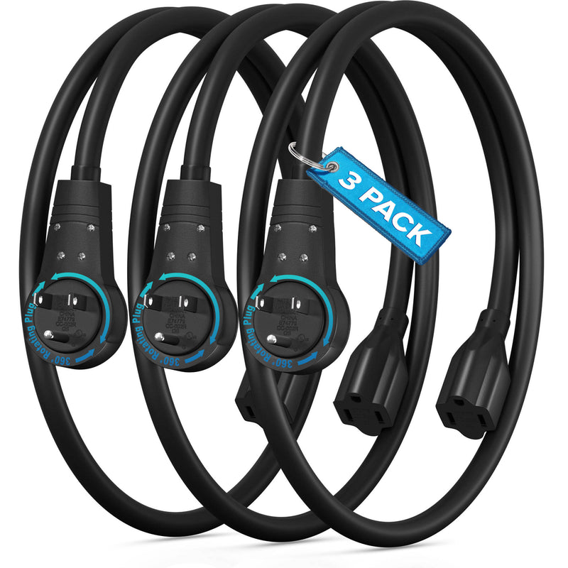 Maximm Cable 3-Outlet Original Style 360&deg; Rotating Flat Plug 6" Extension Cord (Black, 3-Pack)