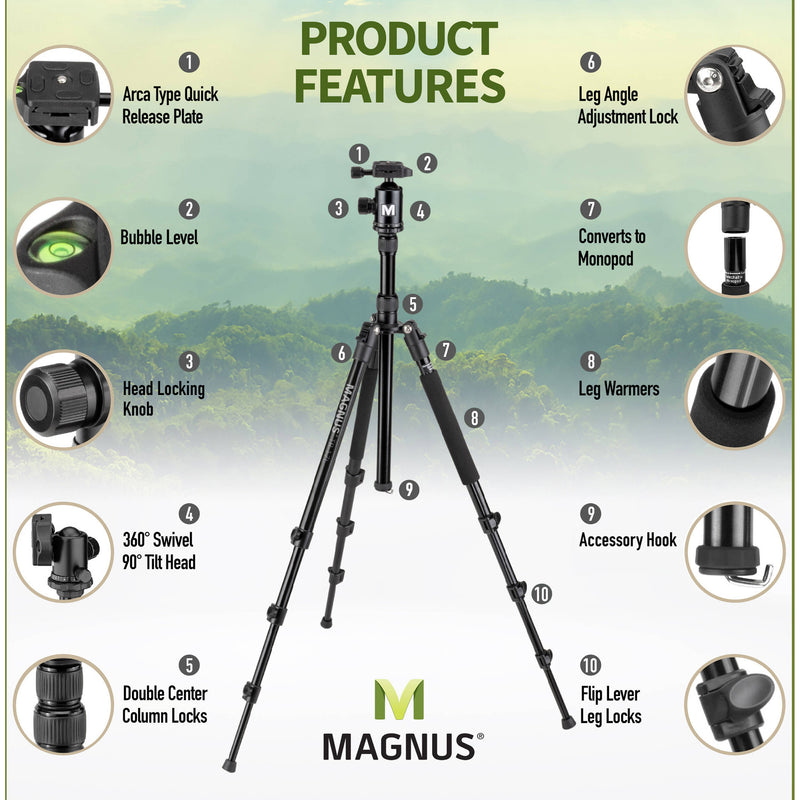 Magnus Aluminum Travel Tripod with Monopod and Arca-Type Ball Head