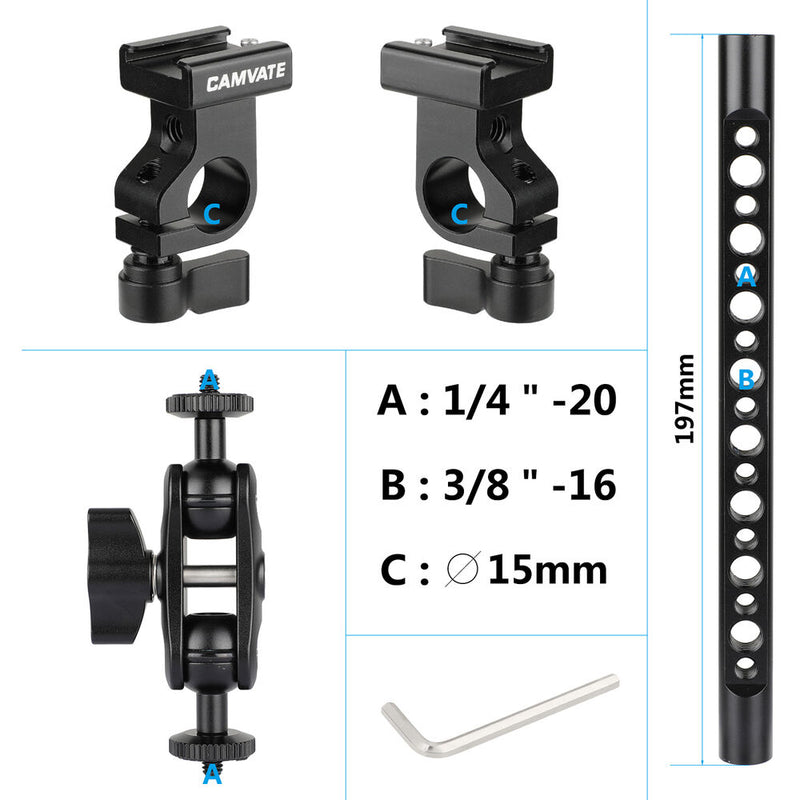 CAMVATE T-Bar Bracket Arm with Dual 1/4"-20 Ball Head & Double Cold Shoe Mounts