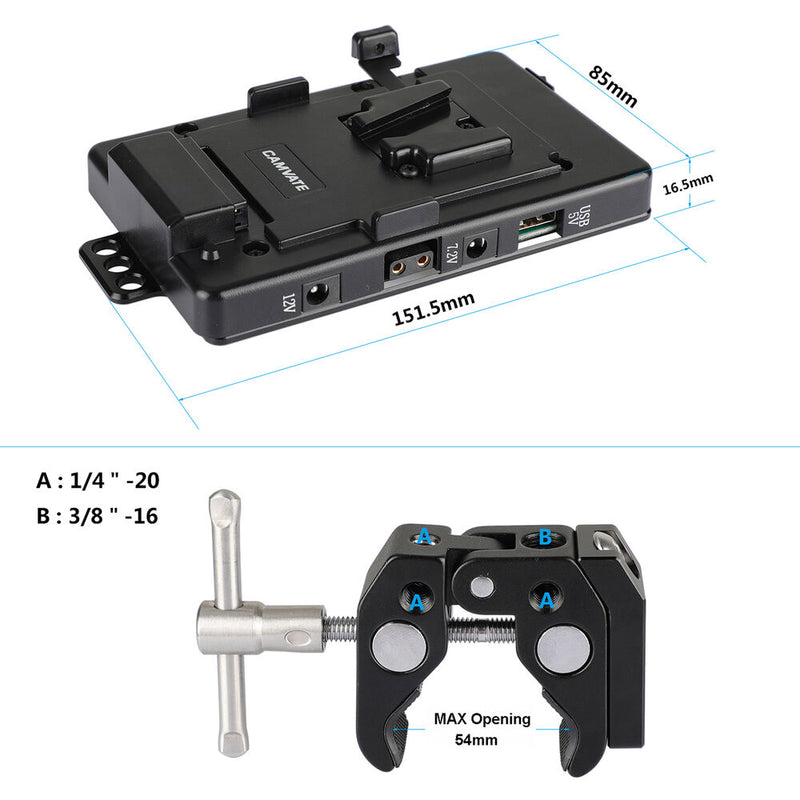 CAMVATE V-Lock Mounting Plate Power Supply Splitter with Super Clamp Crab Plier Clip