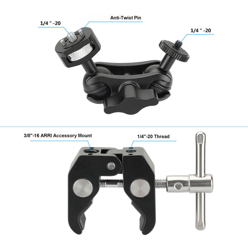 CAMVATE Super Crab Clamp with Dual 1/4"-20 Ball Head Arm