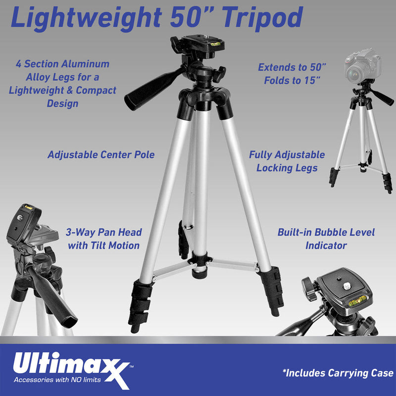 Ultimaxx UM-TR50 50" Aluminum Tripod with 3-Way Pan Head and Quick Release (Silver)