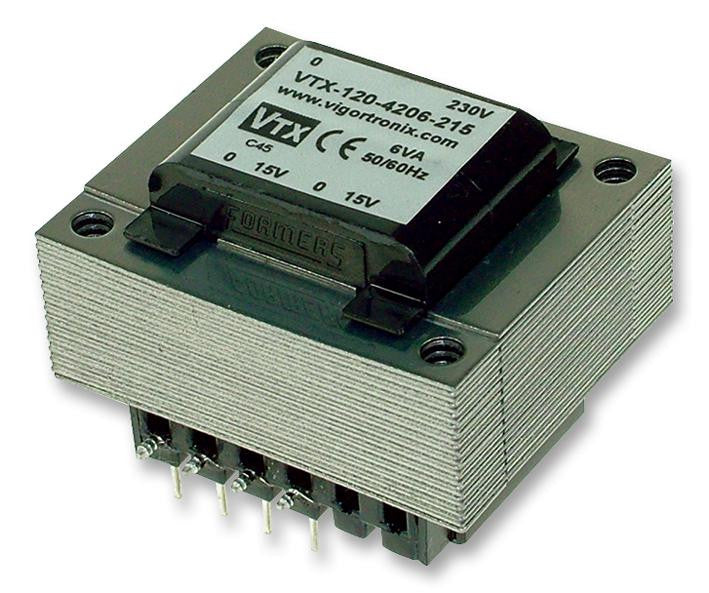 VIGORTRONIX VTX-120-4206-206 Isolation Transformer, PCB, 6 VA, 1 x 230V, 2 x 6V, 500 mA