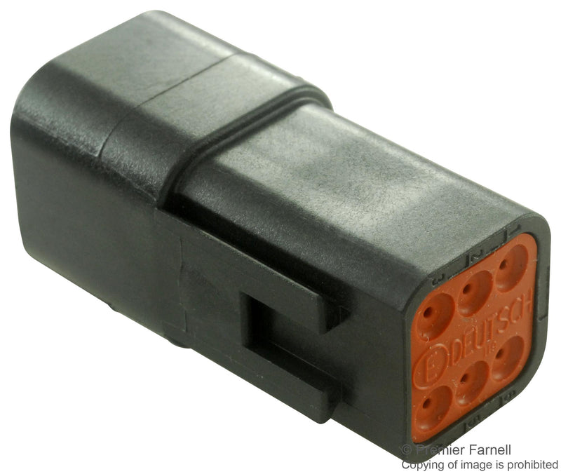 DEUTSCH DT046P-CE02 Connector Housing, Thin Wall, Black, DT Series, Receptacle, 6 Ways, DT Series Pin Contacts