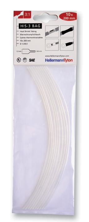 HELLERMANNTYTON HIS-3 1.5/0.5 CLR Heat Shrink Tubing, HIS-3, Pack of 10 200mm Pieces, 1.5 mm, 0.059 ", 3:1, Transparent, 7.87 "