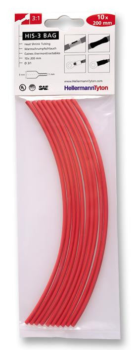 HELLERMANNTYTON HIS-3 3/1 RED Heat Shrink Tubing, HIS-3, Pack of 10 200mm Pieces, 3 mm, 0.118 ", 3:1, Red, 7.87 ", 200 mm