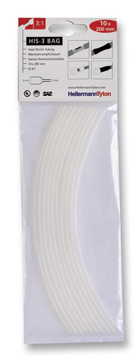 HELLERMANNTYTON HIS-3 3/1 CLR Heat Shrink Tubing, HIS-3, Pack of 10 200mm Pieces, 3 mm, 0.118 ", 3:1, Transparent, 7.87 ", 200 mm