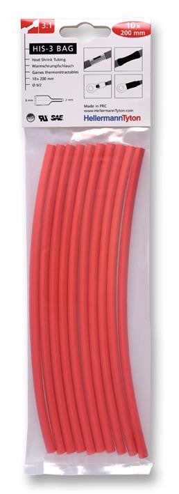 HELLERMANNTYTON HIS-3 6/2 RED Heat Shrink Tubing, HIS-3, Pack of 10 200mm Pieces, 6 mm, 0.236 ", 3:1, Red, 7.87 ", 200 mm