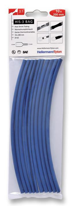 HELLERMANNTYTON HIS-3 6/2 BLU Heat Shrink Tubing, HIS-3, Pack of 10 200mm Pieces, 6 mm, 0.236 ", 3:1, Blue, 7.87 ", 200 mm