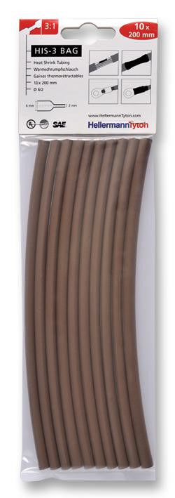 HELLERMANNTYTON HIS-3 6/2 BRN Heat Shrink Tubing, HIS-3, Pack of 10 200mm Pieces, 6 mm, 0.236 ", 3:1, Brown, 7.87 ", 200 mm