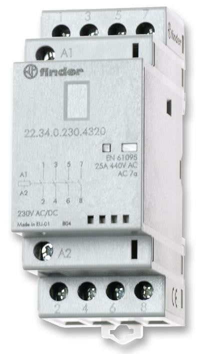 FINDER 22.34.0.230.4320 Contactor, 250 VAC, 4 Pole, 4PST-NO, DIN Rail, 230 V