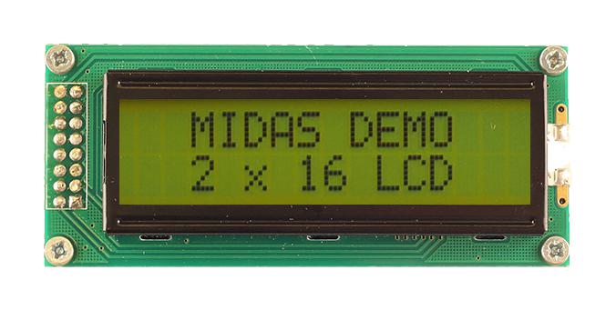 Midas MC21605B6W-SPTLY3.3-V2 MC21605B6W-SPTLY3.3-V2 Alphanumeric LCD 16 x 2 Black on Yellow / Green 3.3V Parallel English Japanese