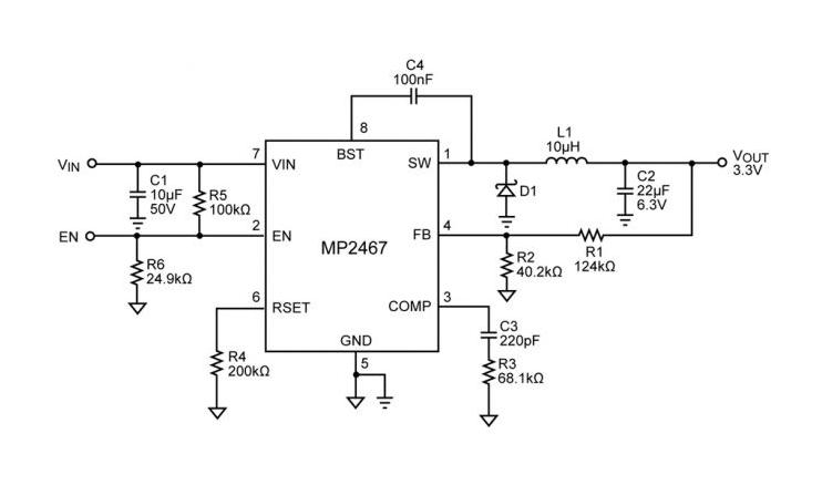 Monolithic Power Systems (MPS) MP2467DN-LF-P DC-DC Switching Buck Regulator Adjustable 6V-36V in 0.8V-30V out 2.5A HSOIC-8