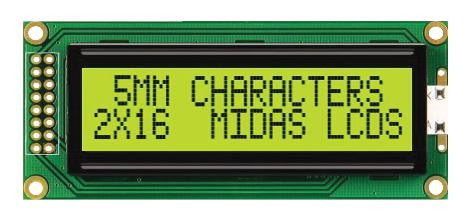 MIDAS MC21605B6WK-SPTLY-V2 Alphanumeric LCD, 16 x 2, 5V, English, Euro, Japanese, Transflective