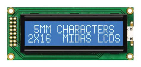 MIDAS MC21605B6WD-BNMLW-V2 Alphanumeric LCD, 16 x 2, White on Blue, 5V, Parallel, English, Japanese, Transmissive