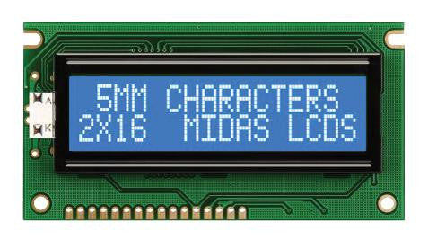 MIDAS MC21605A6WK-BNMLW-V2 Alphanumeric LCD, 16 x 2, 5V, English, Euro, Japanese, Transmissive